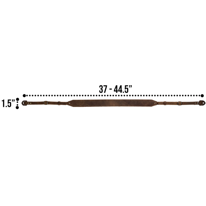 Measurement details of the Hide & Drink Rustic Camera Strap, emphasizing its dimensions and Full Grain Leather quality. This adjustable strap is designed for mirrorless and compact cameras, making it a great gift option for photography enthusiasts. StockyardX, Small Batch Production, Hand Cut, Hand Sewn, Fire Branded, Artisan, Handmade in La Antigua Guatemala & Oaxaca Mexico.