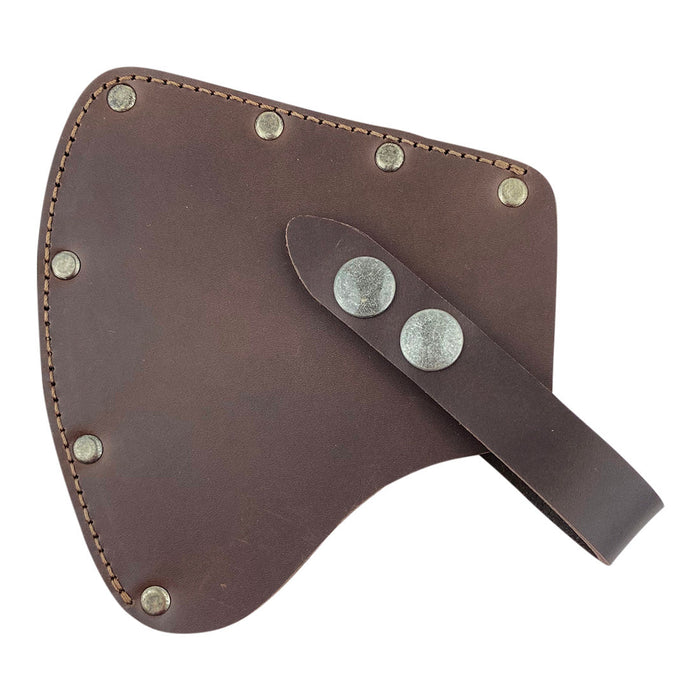 A close-up view of the Valhalla Gear Camper Axe Head Sheath showcasing its full grain leather construction with metal studs and a secure strap, perfect for protecting hatchet blades as a safety sleeve. This handmade protector case is an essential camping accessory for lumberjacks, featuring unique small batch production from artisan makers in La Antigua Guatemala & Oaxaca Mexico.