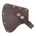 A close-up view of the Valhalla Gear Camper Axe Head Sheath showcasing its full grain leather construction with metal studs and a secure strap, perfect for protecting hatchet blades as a safety sleeve. This handmade protector case is an essential camping accessory for lumberjacks, featuring unique small batch production from artisan makers in La Antigua Guatemala & Oaxaca Mexico.