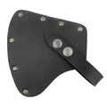 A close-up of the black variant of the Valhalla Gear Camper Axe Head Sheath, showcasing its sleek design and secure fastening. This hatchet blade safety sleeve is made from full grain leather, providing essential protection for outdoor gear as a camping accessory, handmade with care in La Antigua Guatemala.