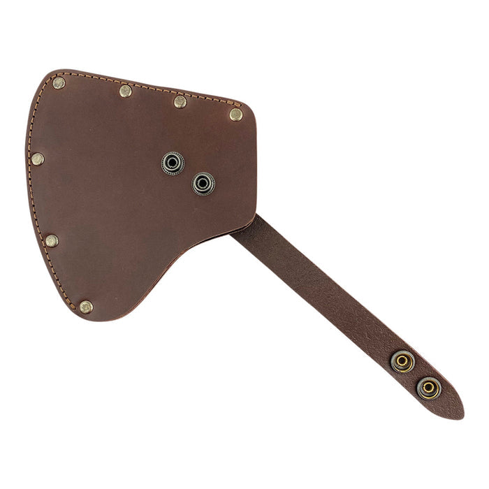 The Valhalla Gear Camper Axe Head Sheath shown with a smooth design and secure strap, made from high-quality full grain leather. This handmade protector case is ideal for safely storing your axe blades, serving as an essential camping accessory and reflecting artisanal craftsmanship from Guatemala.