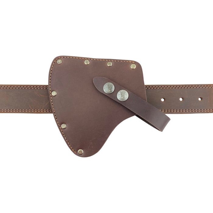 A view of the Valhalla Gear Camper Axe Head Sheath attached to a belt, emphasizing its practicality and safety for outdoor activities. This hatchet blade safety sleeve offers full grain leather durability and is an essential camping accessory for lumberjacks, showcasing artisan quality from La Antigua Guatemala.