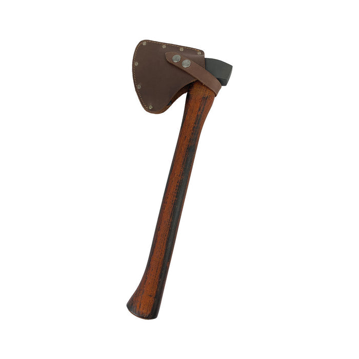 Profile view of the Camper Axe Head Sheath by Hide & Drink attached to an axe, highlighting its design as an Adjustable Axe Sheath. This protector case cover, crafted from Full Grain Leather, provides a reliable blade sleeve for camping accessories, exemplifying small batch artisan techniques and handmade quality in La Antigua Guatemala & Oaxaca Mexico.