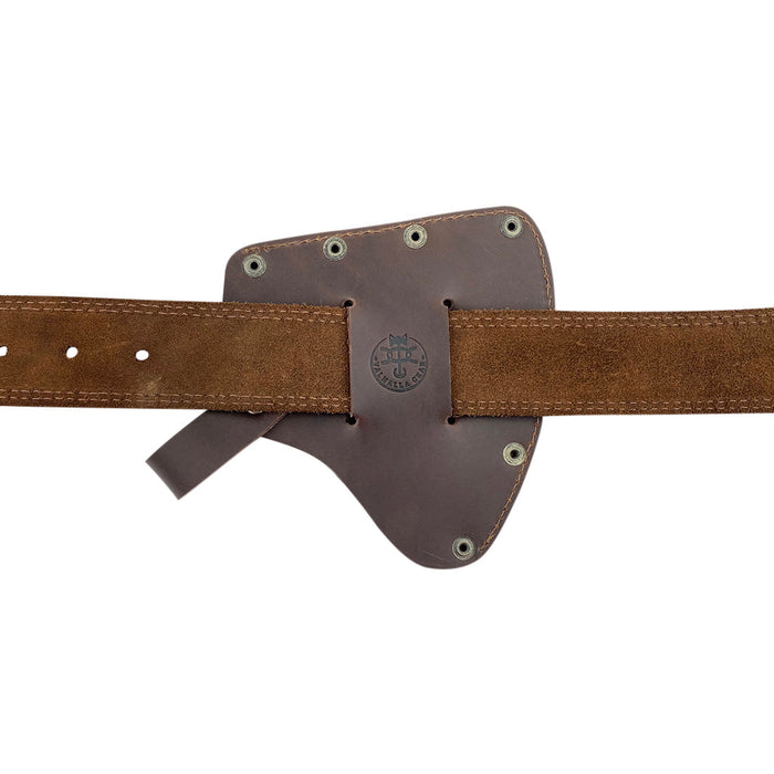 The interior of the Valhalla Gear Camper Axe Head Sheath, displaying its unique branding and high-quality full grain leather material. This handmade protector case is a reliable camping accessory that ensures safety for your hatchet blades, perfect for outdoor enthusiasts and lumberjack essentials.