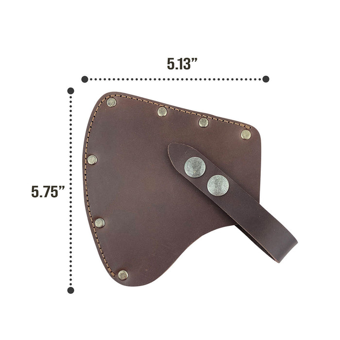 Dimensions of the Valhalla Gear Camper Axe Head Sheath laid out, emphasizing its size and crafted full grain leather material. This handmade protector case is essential for safely storing your axe blades and serves as a practical camping accessory, enhancing your lumberjack outdoor experiences.