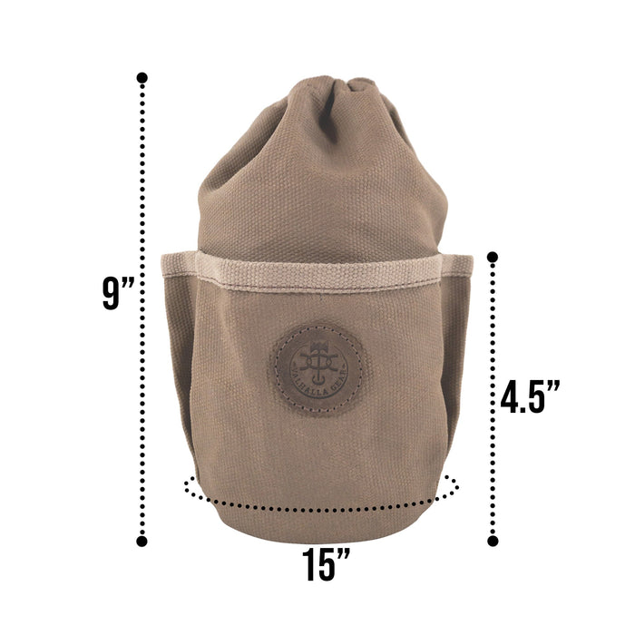 A detailed view of the dimensions of the Valhalla Gear Camping Bag for Water Bottle, showing its handcrafted quality and practical design. Made from waxed canvas and full grain leather, it embodies the artisan spirit from La Antigua Guatemala.