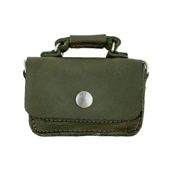 Back view of Hide & Drink's Card Holder Briefcase Style, showcasing the durable green leather finish of the Mini Briefcase Card Holder. This artisan-crafted case is made from Full Grain Leather to hold up to 10 cards and folded bills, ideal for use as a cash organizer.