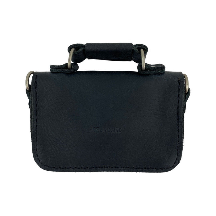 Back view of Hide & Drink's Card Holder Briefcase Style, showcasing the durable black leather of the Mini Briefcase Card Holder. This artisan-crafted case, made from Full Grain Leather, is designed to hold up to 10 cards and folded bills, perfect as a cash organizer.
