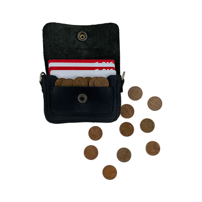 Dimensions of Hide & Drink's Card Holder Briefcase Style next to a credit card, highlighting the design of the Mini Briefcase Card Holder made from Full Grain Leather. This handmade cash organizer holds up to 10 cards and folded bills, demonstrating the quality of artisanal production.