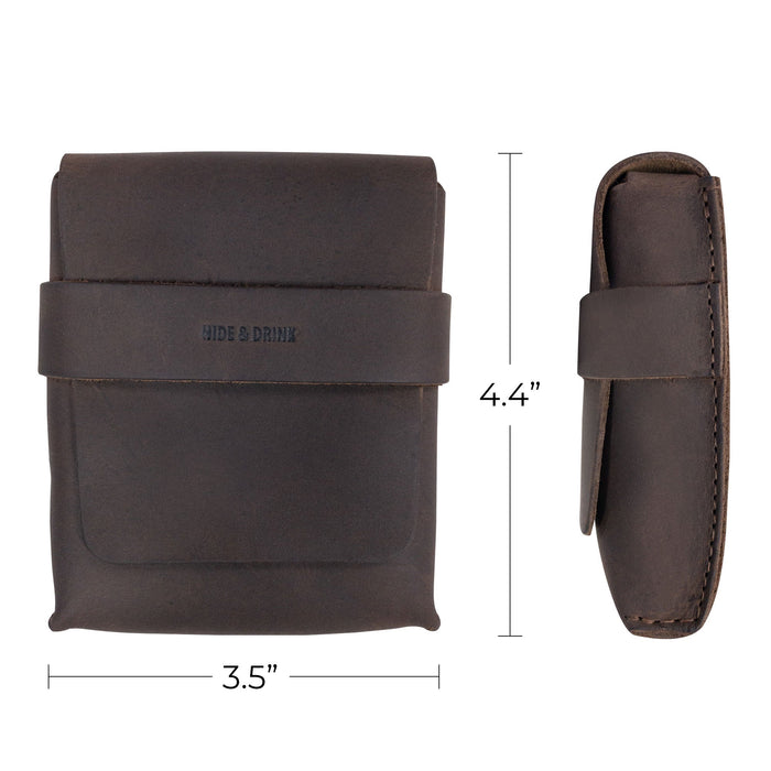 Hide & Drink Card Organizer Pouch with dimensions shown, built from high-quality full grain leather. This card organizer pouch holds up to 12 cards plus folded bills, making it a stylish accessory that emphasizes small batch production and artisan methods, handcrafted in La Antigua Guatemala & Oaxaca Mexico.