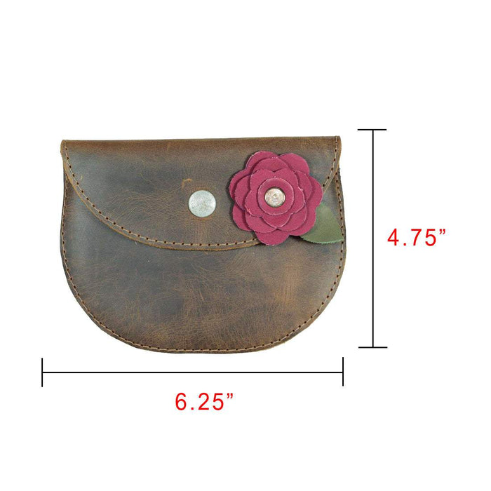Dimensions display of the Card Wallet Rose Design by Hide & Drink, showcasing its compact size of 6.25 in. by 4.75 in. This artisan wallet, made from quality full grain leather, combines elegance with function, serving as a cash organizer or accessories pouch handcrafted in La Antigua Guatemala and Oaxaca Mexico.