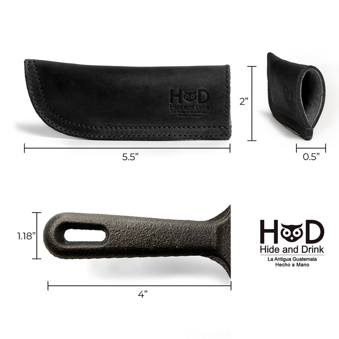 Hide & Drink Cast Iron Panhandle Cover showcased against a clean background, emphasizing functionality. This artisan hot handle protector is made from durable full grain leather with a stylish double stitched design. Handmade in La Antigua Guatemala & Oaxaca Mexico, it’s an essential kitchen accessory.