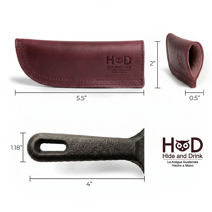 Hide & Drink Cast Iron Panhandle Cover featured on a skillet, highlighting its exquisite craftsmanship. This artisan hot handle protector is made from durable full grain leather and showcases double stitching for longevity. Handmade in La Antigua Guatemala & Oaxaca Mexico, it’s a must-have for cooking lovers.