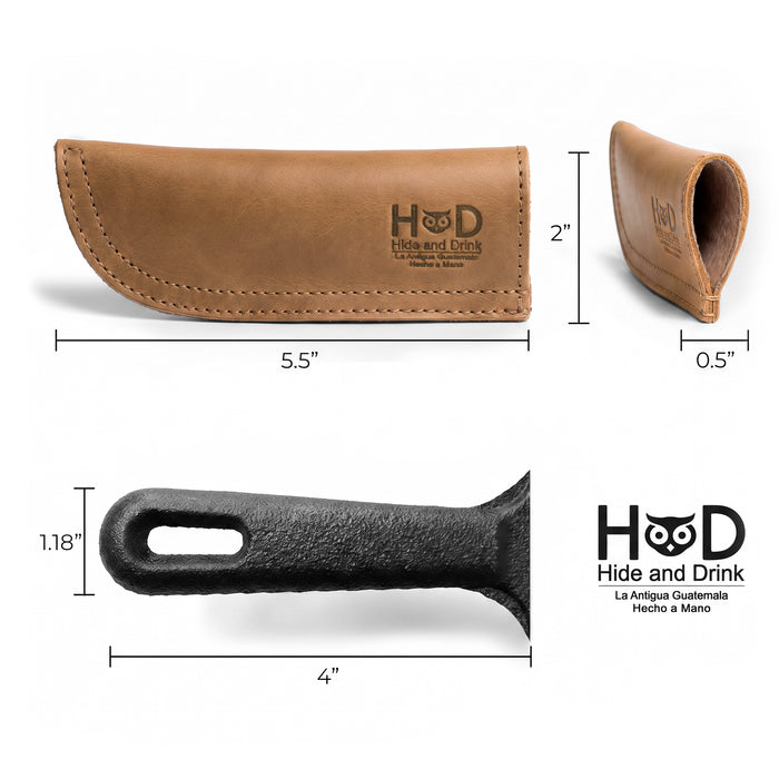 Hide & Drink Cast Iron Panhandle Cover shown with its dimensions and impressive design. This hot handle protector is made from durable, double stitched full grain leather, ensuring safety while cooking. Handmade in La Antigua Guatemala & Oaxaca Mexico, it reflects artisan craftsmanship.