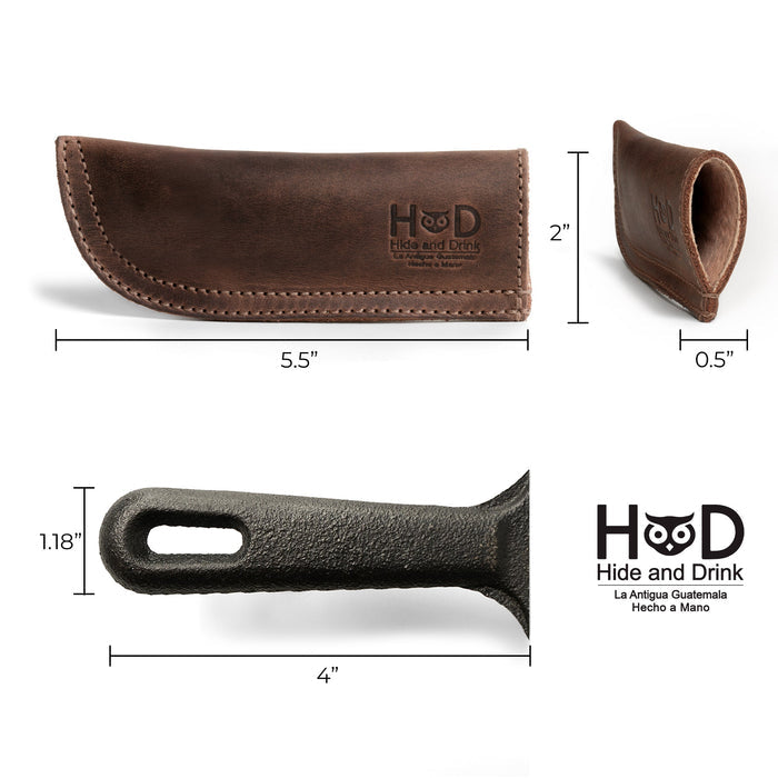 Hide & Drink Cast Iron Panhandle Cover dimensions featured prominently, highlighting its dimensions and craftsmanship. This elegant hot handle protector is designed for metal skillets, sliding on and off effortlessly. Made from full grain leather, it showcases the artisan tradition of small batch production in La Antigua Guatemala & Oaxaca Mexico.