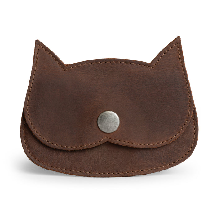 Hide & Drink Leather Cat Wallet in brown, crafted from Full Grain Leather. This Cat-Shaped Wallet serves as a Coin Pouch and Money Holder, ideal for organizing bills while traveling. A perfect small batch production, hand-cut and hand-sewn accessory made by artisans in La Antigua Guatemala & Oaxaca Mexico.