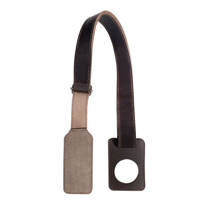The stylish underside of the Cello Endpin Adjustable Strap Stopper by tocame, showing its dual-tone design and added functionality as a floor protector. This artisan-crafted musician accessory is made from durable full grain leather and showcases expert hand cut and hand sewn techniques.