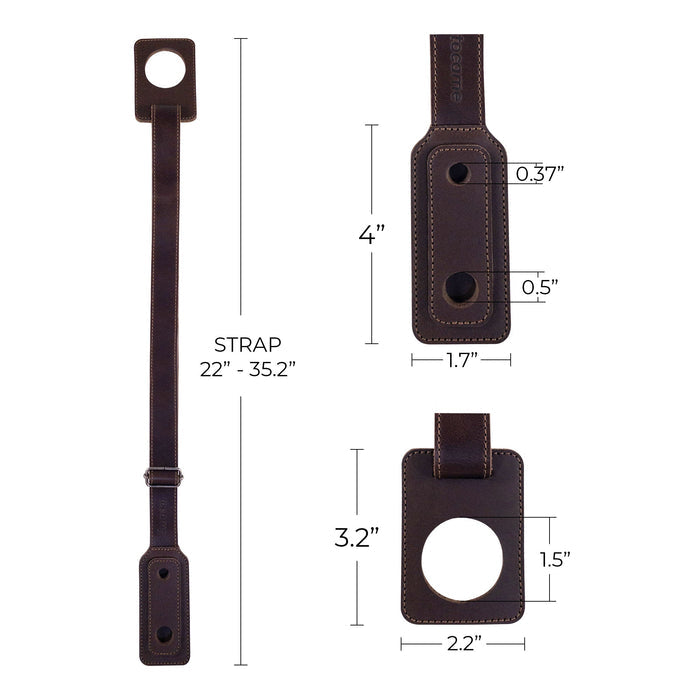 Technical specifications of the Cello Endpin Adjustable Strap Stopper by tocame, illustrating its dimensions and adjustable length. This key musician accessory made from full grain leather highlights artisanal craftsmanship from La Antigua Guatemala & Oaxaca Mexico, designed to deliver durability and style.