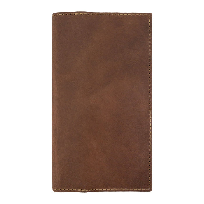Exterior view of the brown Checkbook Leather Cover by Hide & Drink, serving as a minimalist organizer for standard checkbooks. This handmade item is crafted from full grain leather, emphasizing artisan quality and small batch production from La Antigua Guatemala and Oaxaca Mexico.