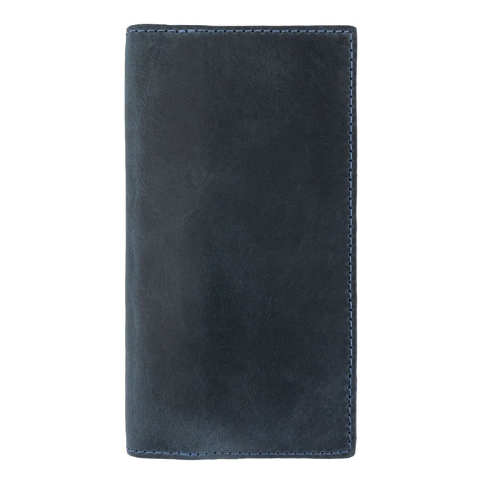 Front view of the brown Checkbook Leather Cover by Hide & Drink, serving as a minimalist organizer for standard checkbooks. Made from full grain leather through artisan craftsmanship, this handmade piece is created in La Antigua Guatemala and Oaxaca Mexico, showcasing small batch production.