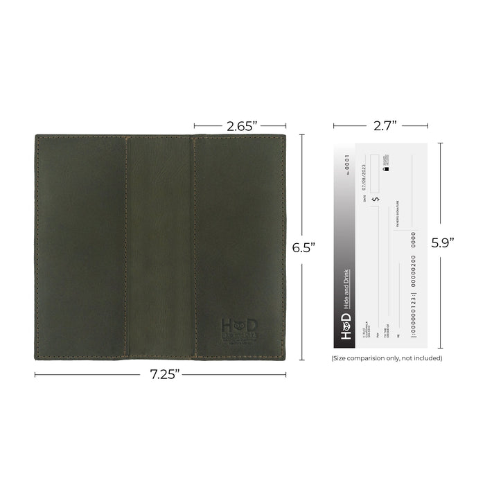 Detailed view of the Checkbook Leather Cover by Hide & Drink, featuring a classic design as a minimalist organizer for standard checkbooks. Made from full grain leather, this handmade item reflects craftsmanship from La Antigua Guatemala and Oaxaca Mexico through small batch production.