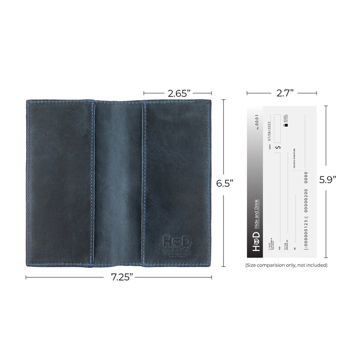 Open inner view of the Checkbook Leather Cover by Hide & Drink in dark brown, ideal for organizing standard checkbooks in a minimalist style. Made from full grain leather, this handmade product is crafted by artisans in La Antigua Guatemala and Oaxaca Mexico, highlighting small batch production techniques.