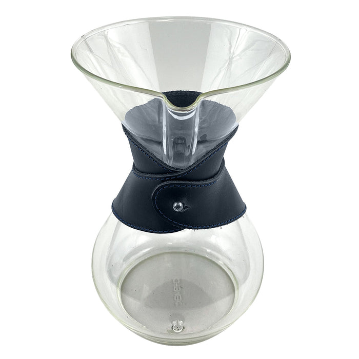 Side image of Hide & Drink Chemex Collar in navy leather emphasizing its durability and fit for a glass coffee maker. Designed for pour over coffee, compatible with Chemex 6-Cup Glass and handmade in La Antigua Guatemala & Oaxaca Mexico.