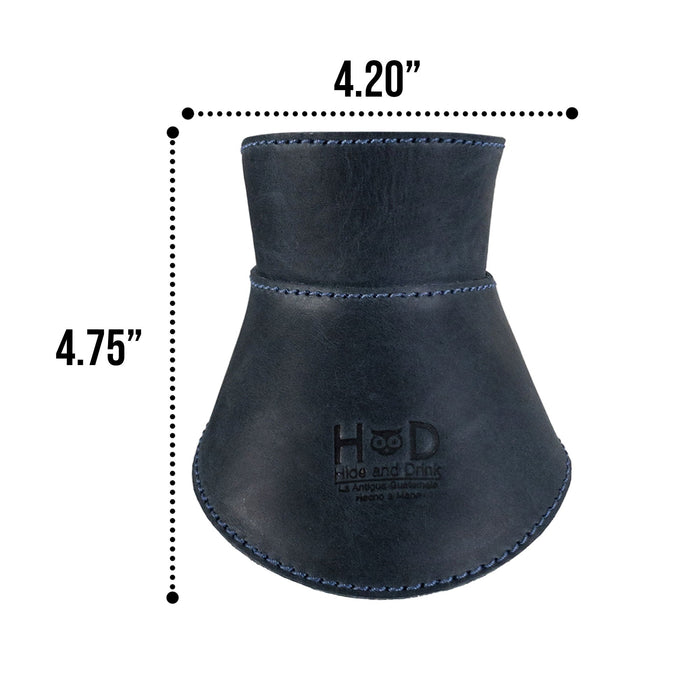 Packaging of Hide & Drink Chemex Collar in navy leather highlighting the product's artisan craftsmanship. Ideal for pour over coffee, this collar fits the Chemex 6-Cup Glass and is handmade in La Antigua Guatemala & Oaxaca Mexico.