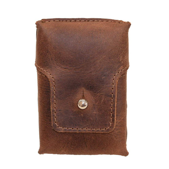 Front view of Hide & Drink's Cigarette Pack Cover showcasing its rustic brown finish. This durable Full Grain Leather holder is perfect for storing cigarettes, reflecting small batch production and exquisite artisanship from La Antigua Guatemala.