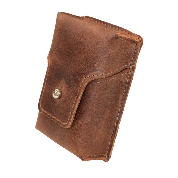 Side angle of Hide & Drink's Cigarette Pack Cover, designed with a secure snap closure. Made from Full Grain Leather, this handmade tobacco case combines functionality with artisan quality, making it a perfect accessory for daily use.
