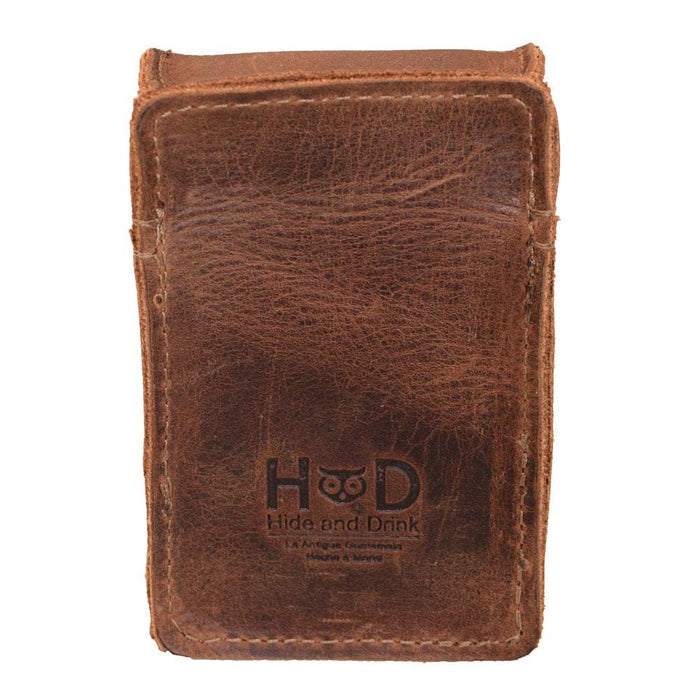 Back view of Hide & Drink's Cigarette Pack Cover, displaying the fire branded logo. Crafted from premium Full Grain Leather, this handmade accessory showcases exceptional craftsmanship and is perfect for anyone looking for a reliable tobacco case.