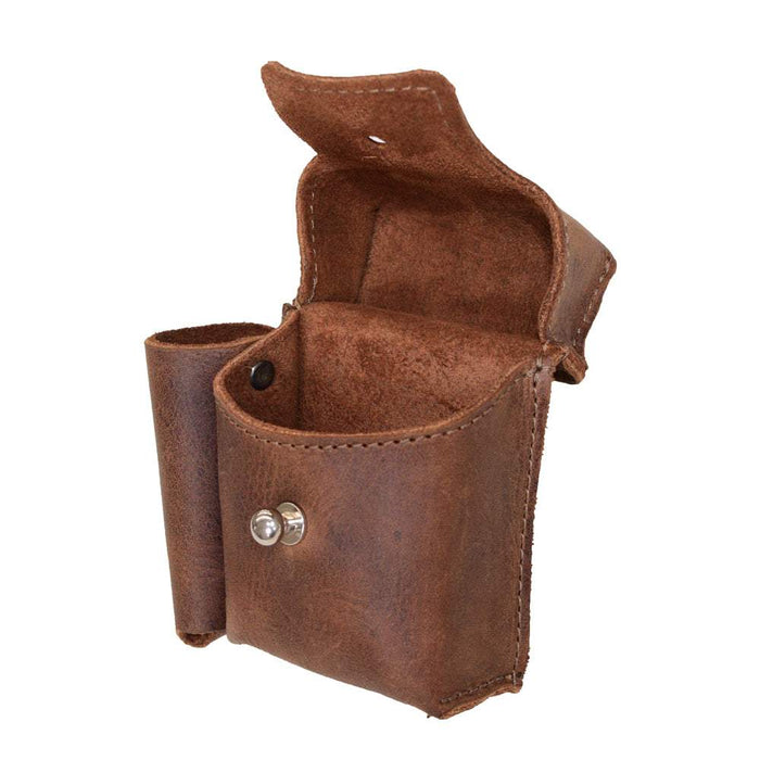 A close-up view of Hide & Drink's Cigarette Pack & Lighter Cover with an open flap, showcasing its high-quality Full Grain Leather. Perfect accessory for tobacco storage, handmade in La Antigua Guatemala & Oaxaca Mexico.