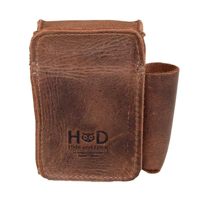 Back view of Hide & Drink Cigarette Pack & Lighter Cover featuring a unique leather texture, showcasing the artisan quality of this handmade tobacco accessory from La Antigua Guatemala & Oaxaca Mexico.