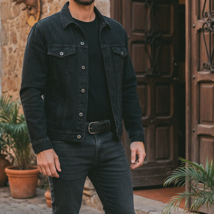 Classic Leather Belt with Glove Liner by La Leche, worn with a denim jacket, highlighting its versatility as a handmade men's waist belt for jeans, made from full grain leather.