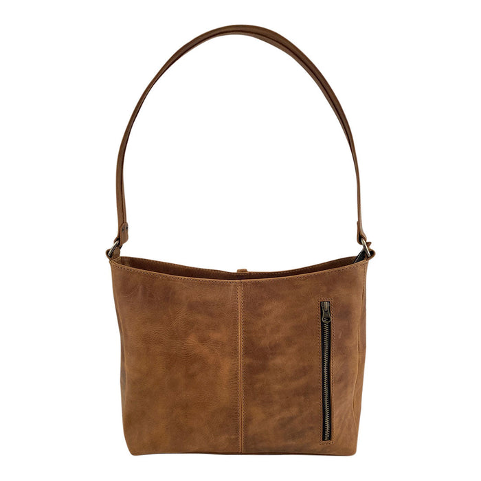 Front view of the Classic Shoulder Bag by Hide & Drink, made of Full Grain Leather & Plaid Cotton, showcasing its clean lines and elegant design. This Classic Shoulder Bag is ideal for shopping and everyday use, featuring small batch production, hand cut, hand sewn craftsmanship, and fire branded for quality, handcrafted in La Antigua Guatemala & Oaxaca Mexico.
