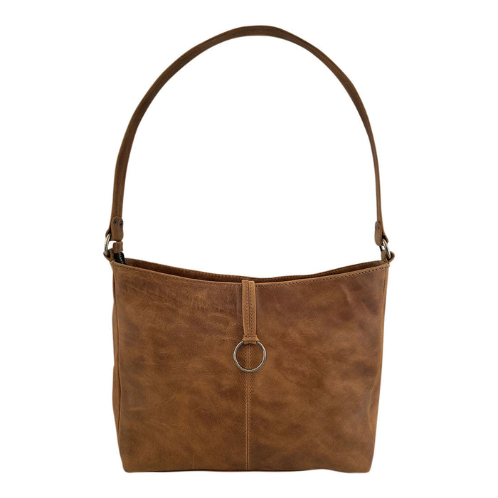 Another perspective of the Classic Shoulder Bag by Hide & Drink, showcasing its structured shape and stylish design. This Classic Shoulder Bag features Full Grain Leather & Plaid Cotton materials, emphasizing quality handmade craftsmanship and fire branding, perfect for everyday use, artisan crafted in La Antigua Guatemala & Oaxaca Mexico.