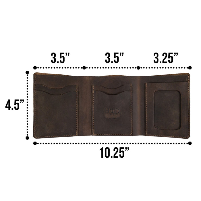 Dimensions of the Classic Trifold Wallet by Hide & Drink, illustrated with measurements and design features, made from top-quality Full Grain Leather. Crafted in La Antigua Guatemala & Oaxaca, Mexico through Small Batch Production by skilled artisans.