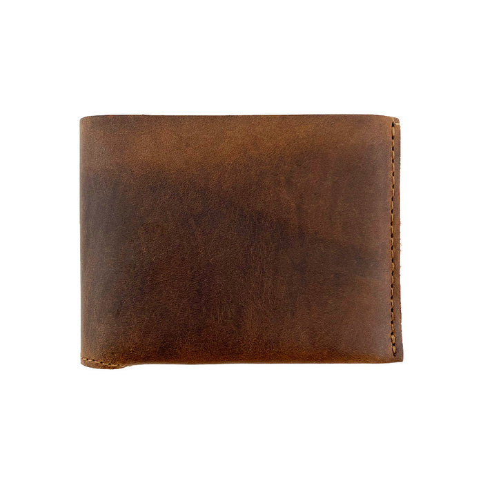 Front view of the compact Hide & Drink Classic Wallet, showcasing its stylish vintage finish in brown leather. Classic Wallet, Card Organizer, Money Holder, Vintage Pocket, Travel Accessories, Full Grain Leather, StockyardX, Small Batch Production, Hand Cut, Hand Sewn, Fire Branded, Artisan, Handmade in La Antigua Guatemala & Oaxaca Mexico.