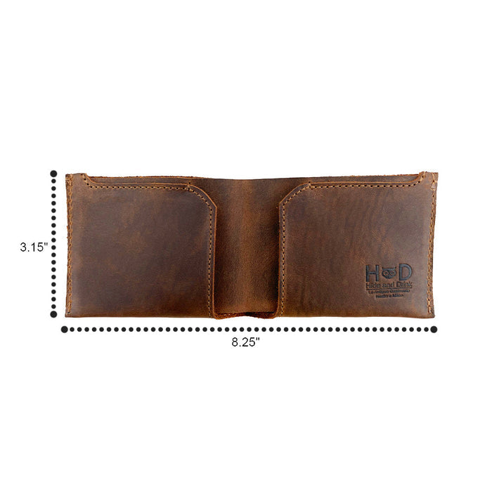 Measuring dimensions of the Hide & Drink Classic Wallet, illustrating its compact size for easy carrying. Classic Wallet, Card Organizer, Money Holder, Vintage Pocket, Travel Accessories, Full Grain Leather, StockyardX, Small Batch Production, Hand Cut, Hand Sewn, Fire Branded, Artisan, Handmade in La Antigua Guatemala & Oaxaca Mexico.