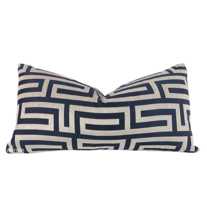 (CLEARANCE) Alexander Navy Blue Taupe Greek Key Chenille Texture Pillow Cover Aloriam