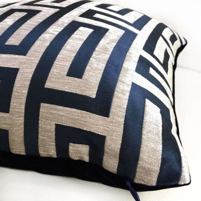 Designer Navy Blue Taupe Greek Key Chenille Satin Texture Pillow Cover