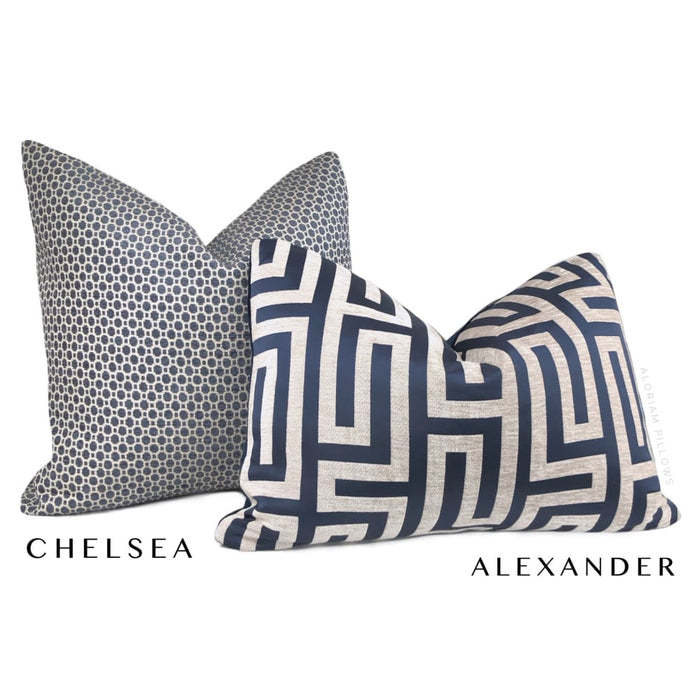 Alexander Navy Blue Taupe Greek Key Chenille Texture Pillow Cover - Aloriam