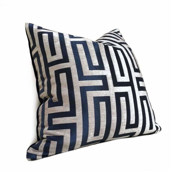 Designer Navy Blue Taupe Greek Key Chenille Satin Texture Pillow Cover