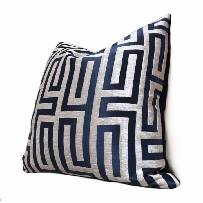 Designer Navy Blue Taupe Greek Key Chenille Satin Texture Pillow Cover
