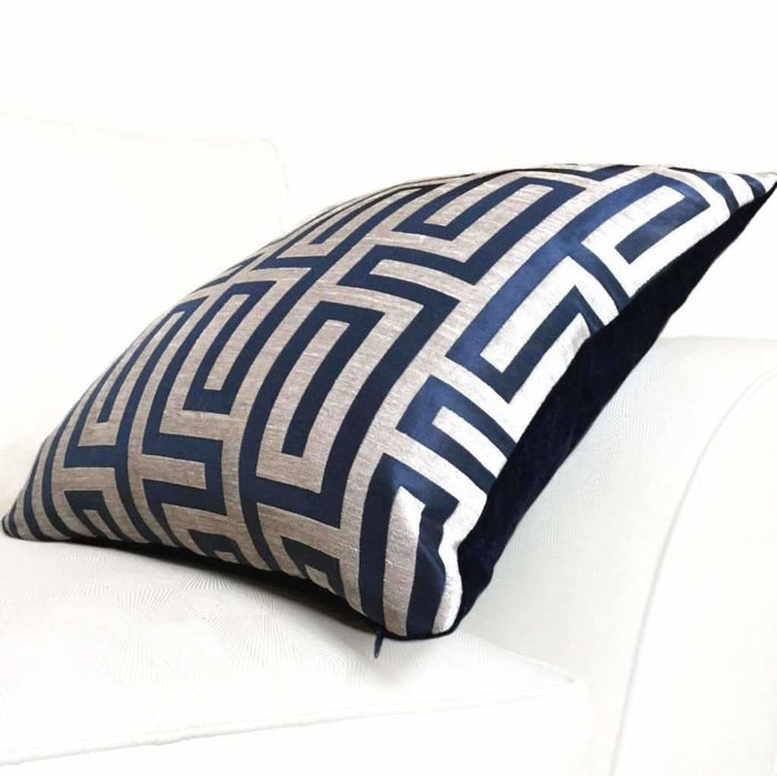 Designer Navy Blue Taupe Greek Key Chenille Satin Texture Pillow Cover