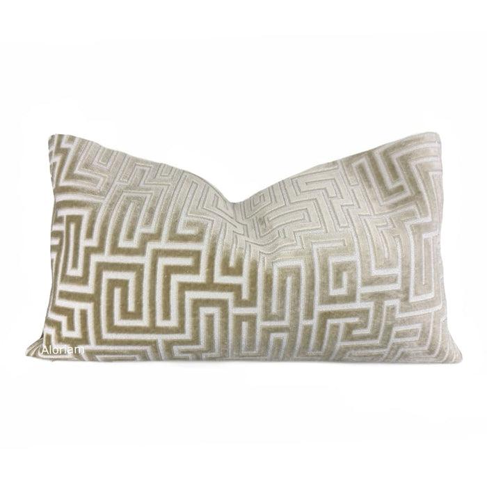 (CLEARANCE) Eugene Champagne Cream Greek Key Velvet Pillow Cover - Fits 12x20 insert (11x19 cover) / Pattern on both sides - Aloriam
