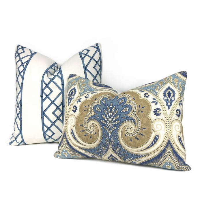 Kravet Latticely Ultramarine Blue White Trellis Linen Pillow Cover - Aloriam