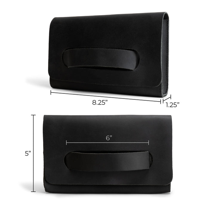 Dimensions and details of the Hide & Drink Clutch Bag With Handle in black, showcasing its functional design. This Full Grain Leather Clutch Bag with Handle is an ideal handbag for women, lovingly handcrafted in Guatemala and Mexico.