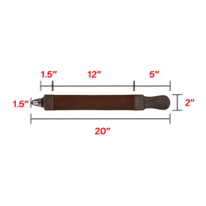 Hide & Drink Combo Barber (2-Pack), featuring a leather strop with dimensions showcasing its robust build, crafted from full grain leather. This barber starter pack (set of 2) is excellent for shaving and grooming, highlighting small batch production and artisan craftsmanship, hand cut and hand sewn, fire branded, handmade in La Antigua Guatemala & Oaxaca Mexico.
