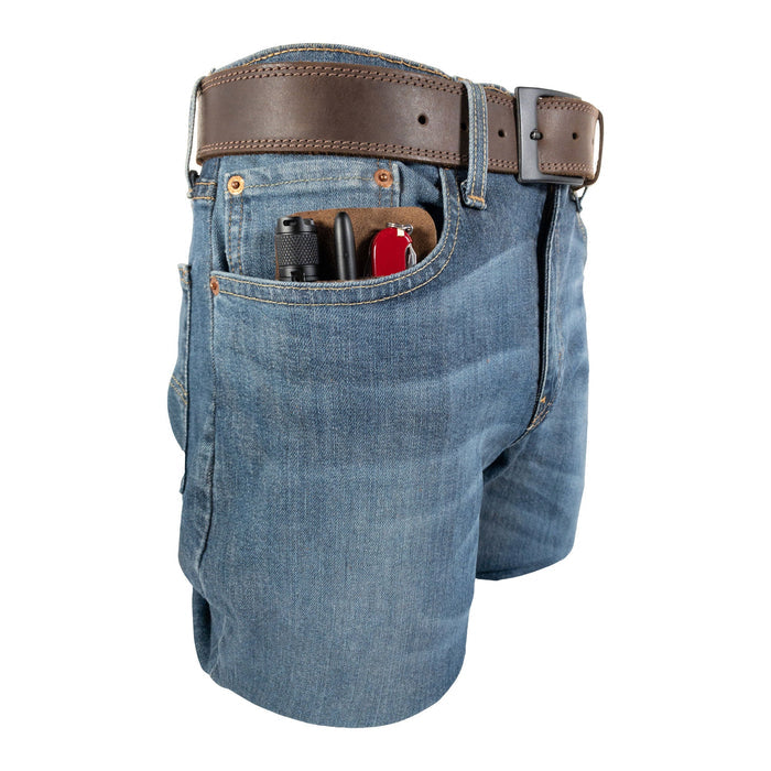 Illustration of Compact EDC Tool Holster from Valhalla Gear in a shorts pocket, representing its convenience. This artisan-made full grain leather pocket case is designed for everyday carry, acting as an ideal rustic sleeve for tools.